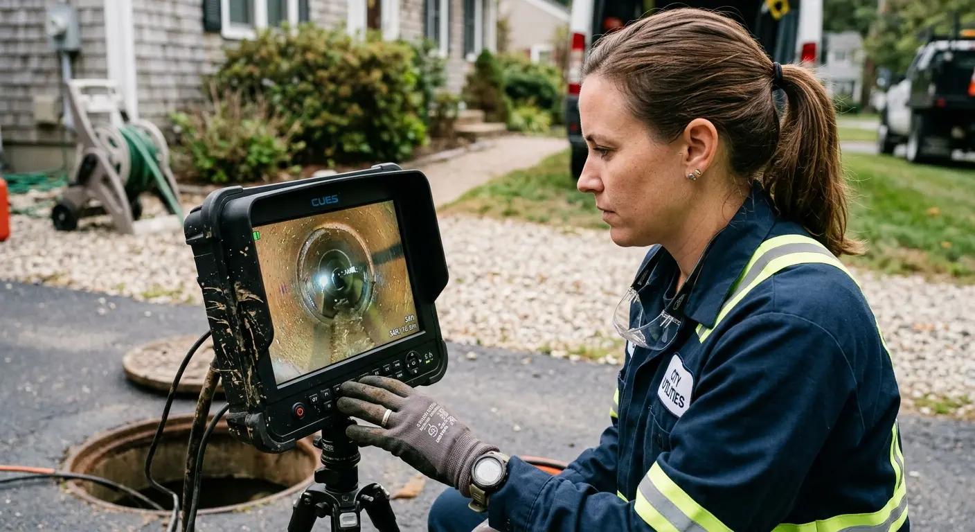Technician reviewing sewer camera inspection footage in Pass Christian