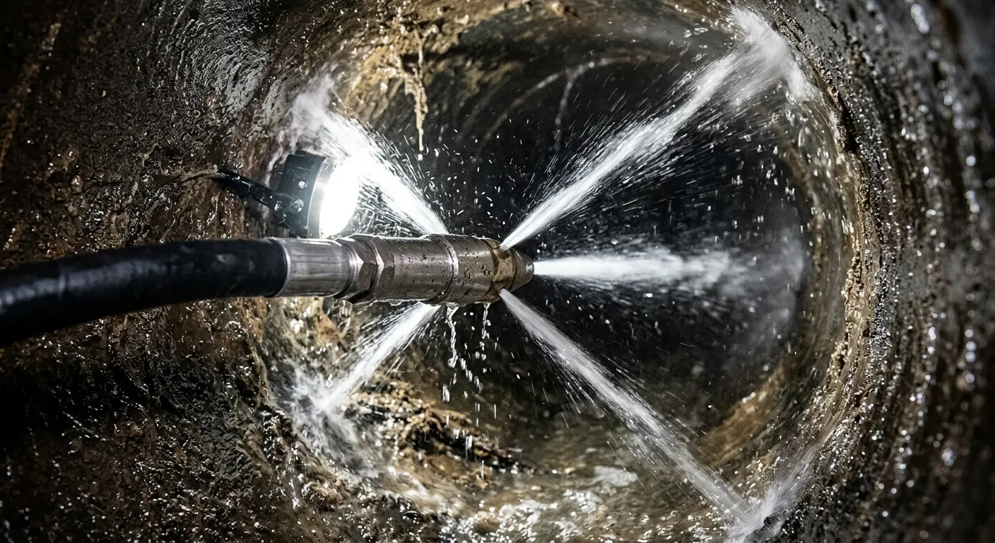 High-pressure hydro jetting nozzle cleaning sewer pipe for Sewer Cleanout in Pass Christian