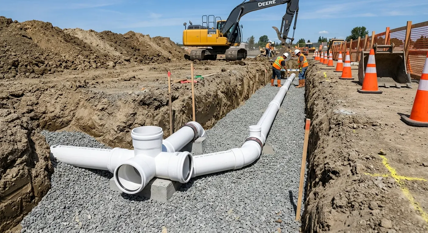 New PVC sewer pipe installation in open trench for Sewer Backup in Pass Christian
