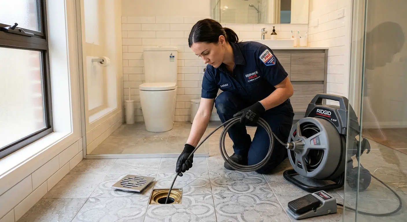 Technician clearing a bathroom floor drain for Drain Cleaning in Pass Christian